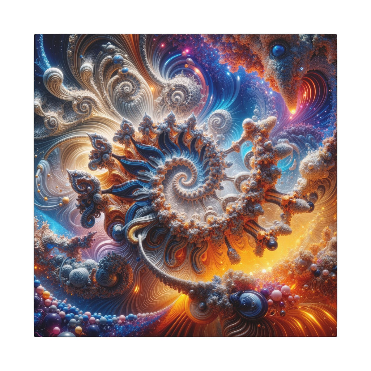 AMMONITE cosmic spiral shell canvas print by Scattercrate hanging at the right scale in a styled room