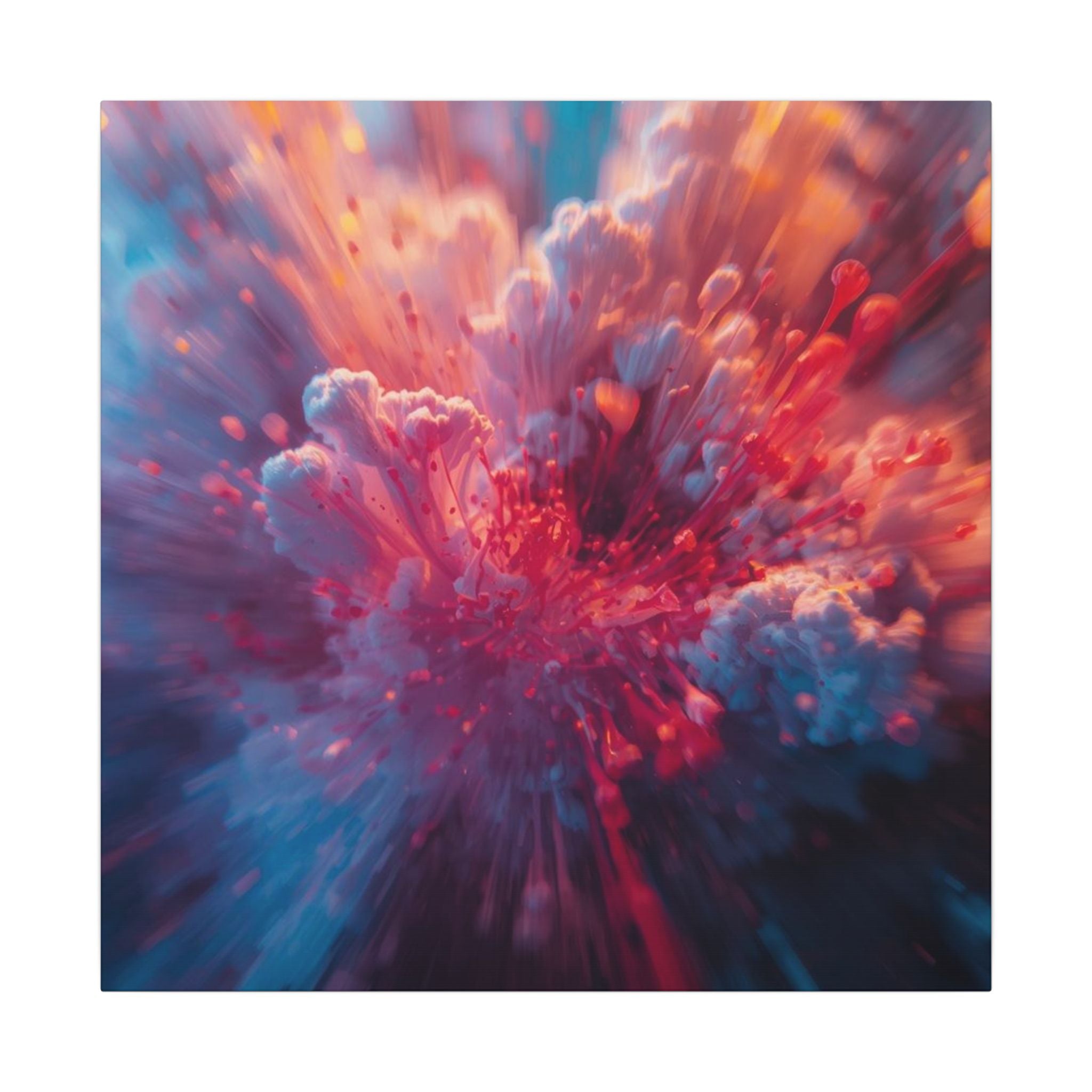 Vortexbloom canvas print by Scattercrate — red, pink and gold radial motion burst wall art in a sunroom
