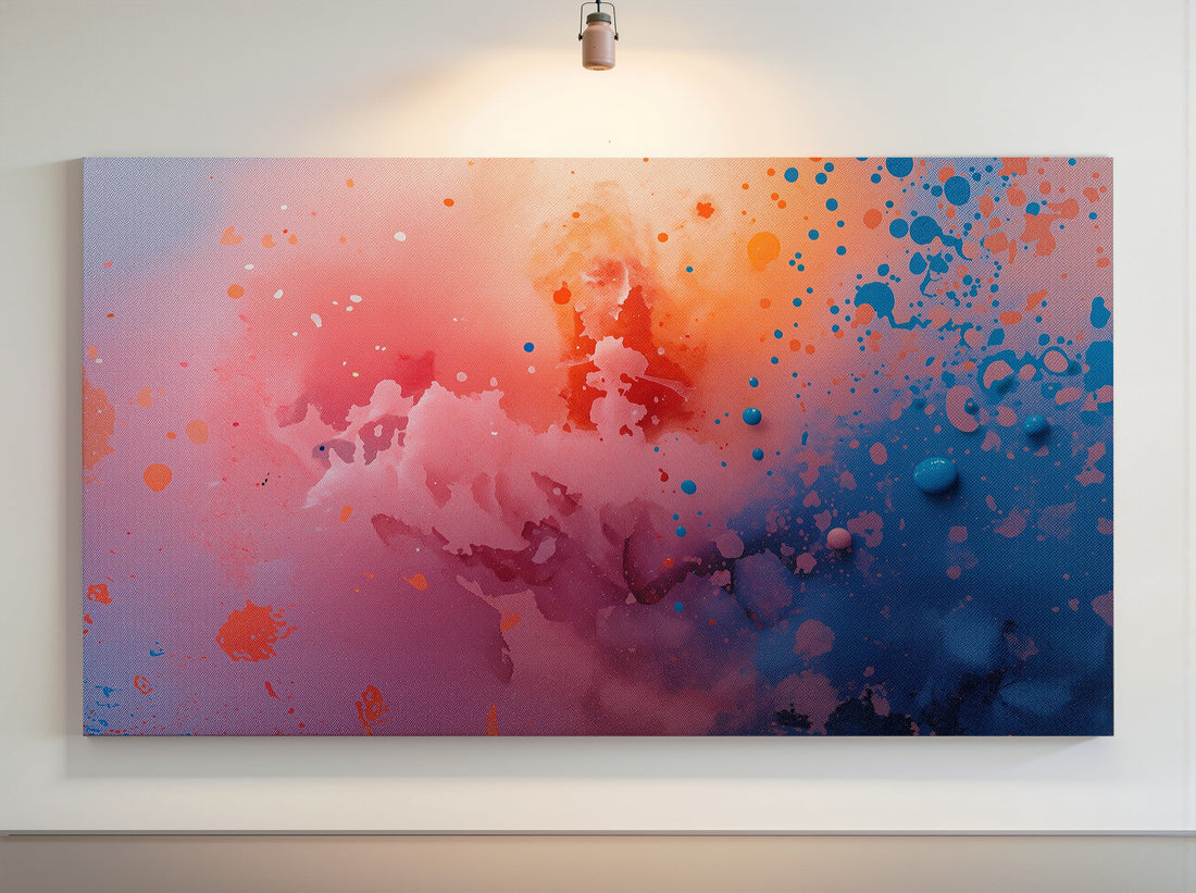Chromatic Cloud abstract canvas print by Scattercrate — soft blue and peach tones ideal for a bathroom
