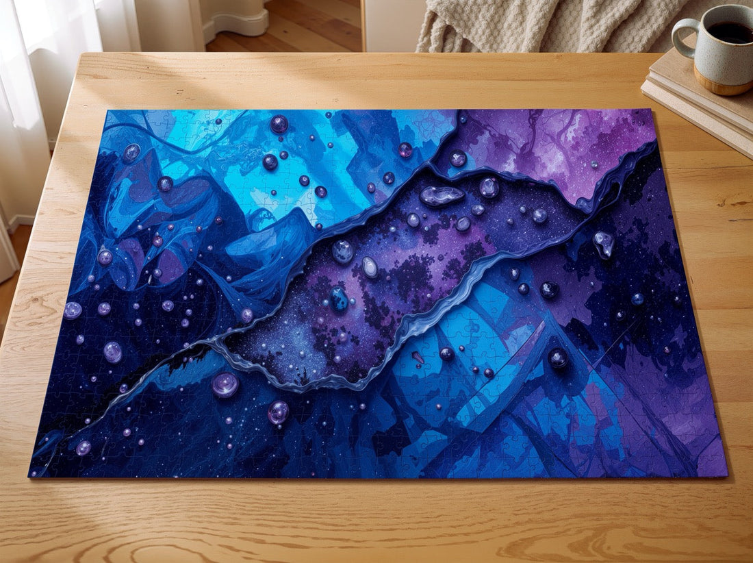 COBALTVEIN abstract canvas wall art hung above a laundry folding counter, obsidian black split by a vein of cobalt and violet light