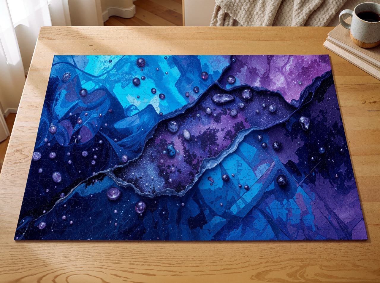 COBALTVEIN abstract canvas wall art hung above a laundry folding counter, obsidian black split by a vein of cobalt and violet light