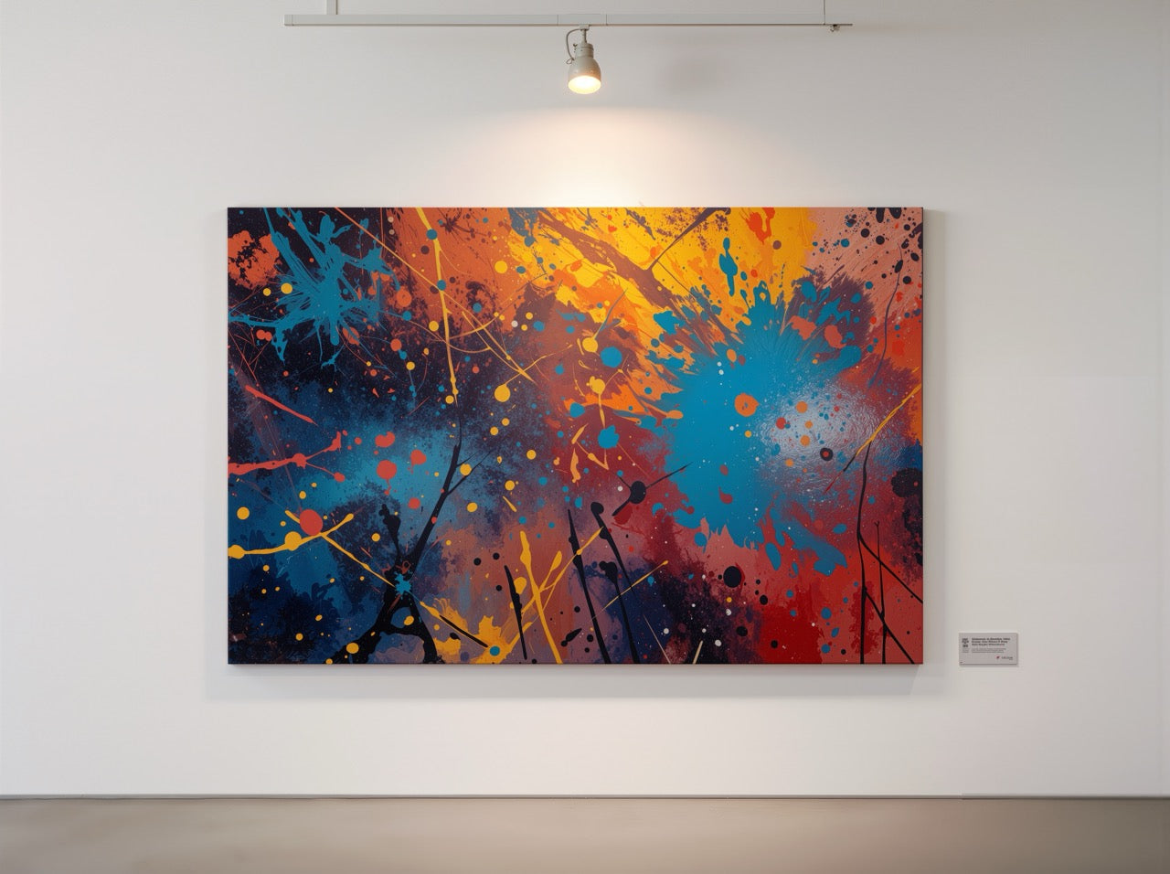 INKBURST abstract canvas wall art hung at proper height above a sofa, with warm interior lighting casting a soft glow on cobalt, ember, and crimson ink strokes across black