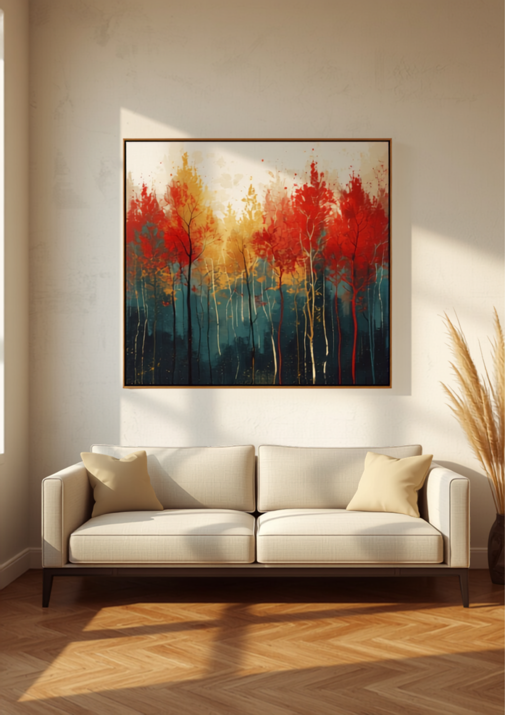 FAUVE abstract forest canvas art displayed in a styled modern living room — lifestyle mockup