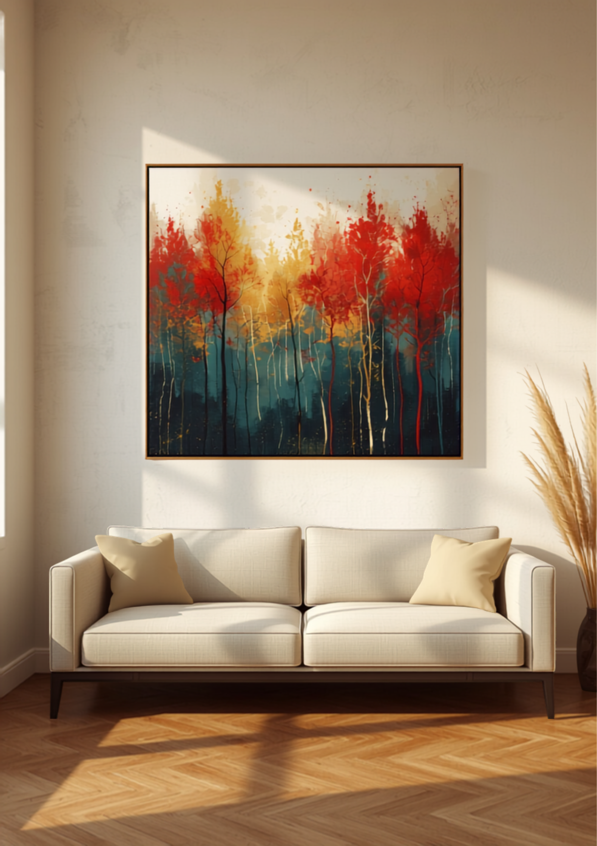 FAUVE abstract forest canvas art displayed in a styled modern living room — lifestyle mockup