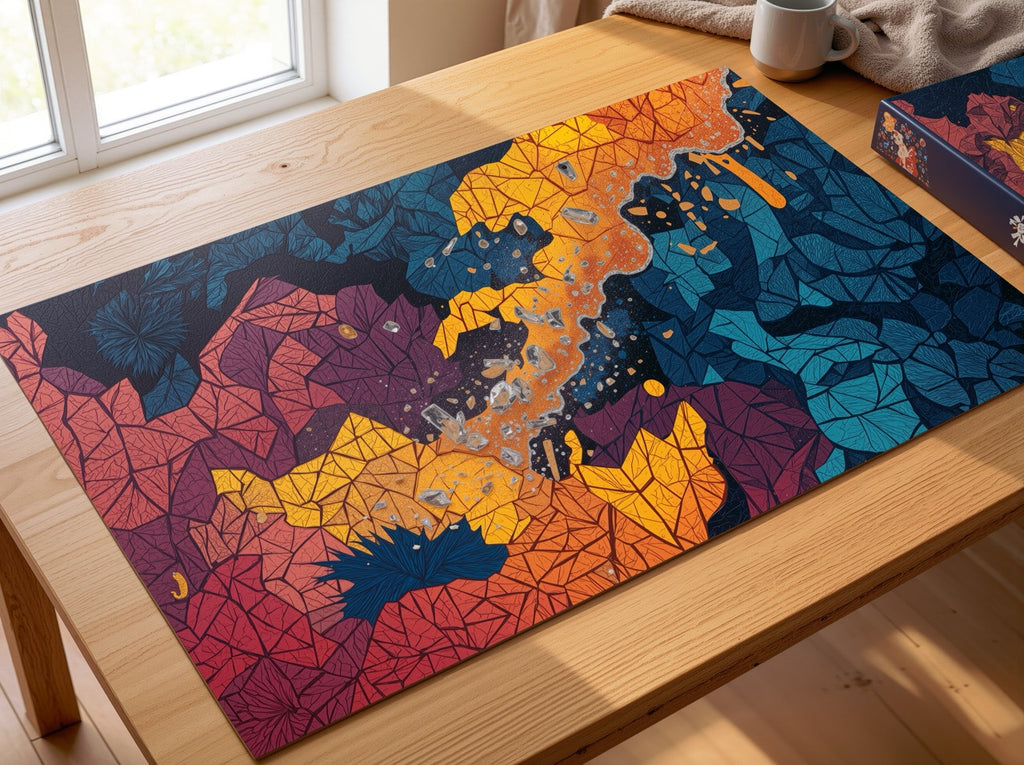 FACETBLOOM 500-piece art puzzle by Scattercrate — low-poly amber and gold shards fractured across a wine-dark field