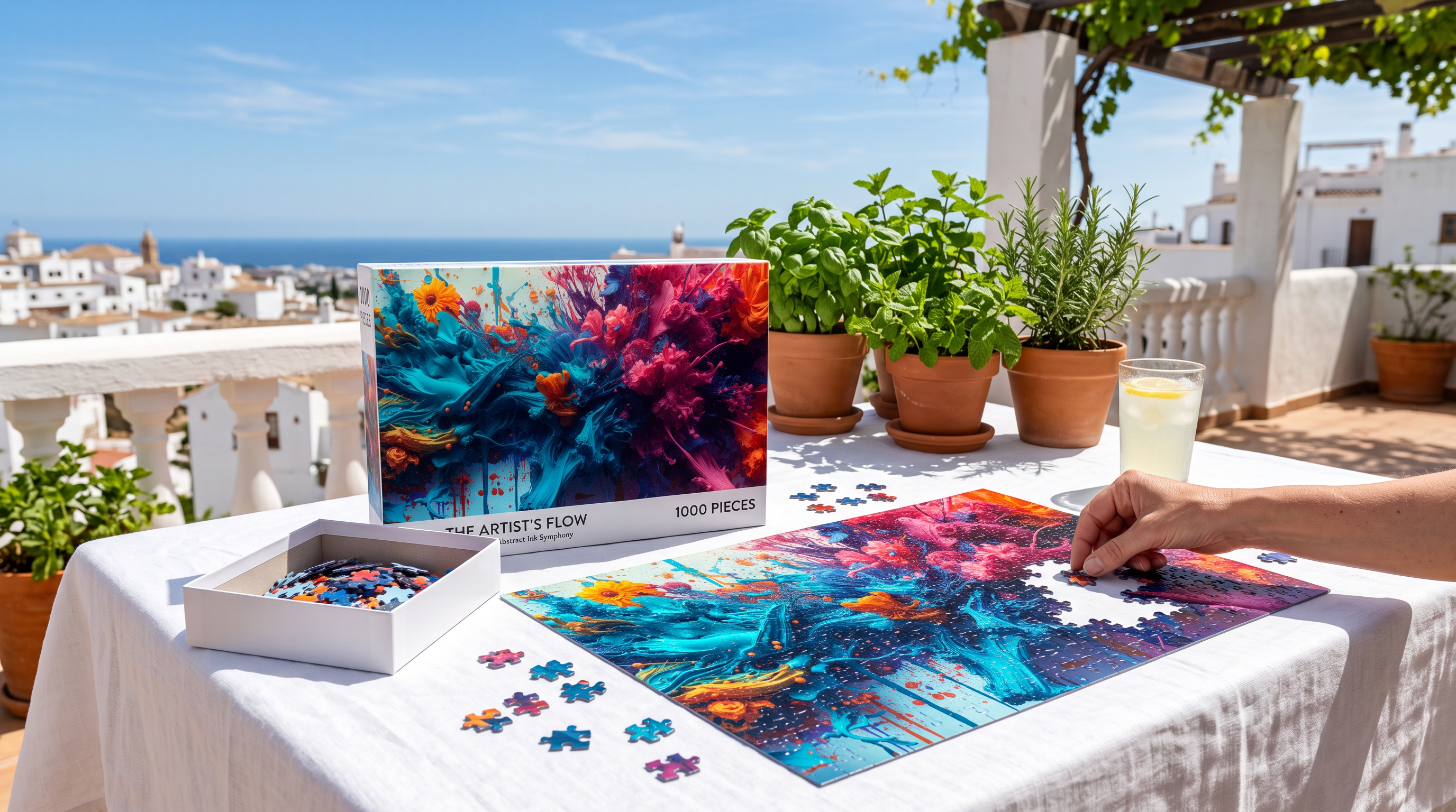 Marigoldtide 500-piece jigsaw puzzle by Scattercrate — turquoise ink tide with real marigold and dahlia blooms, assembled on a Mediterranean terrace table