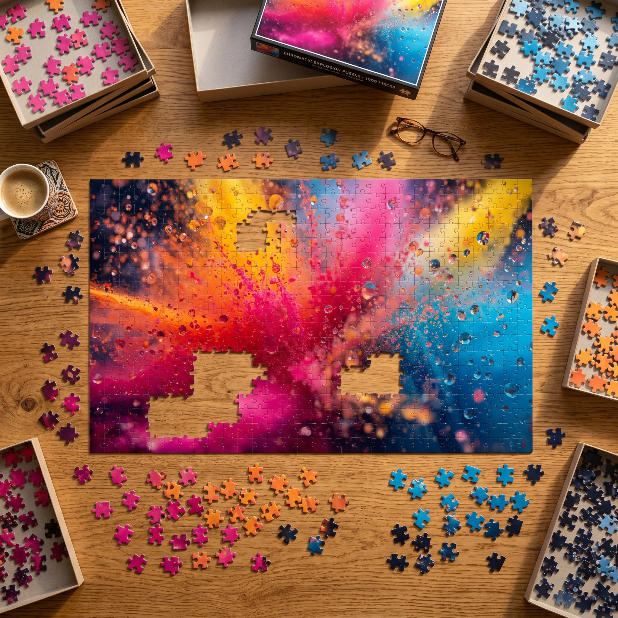 CHROMADRIFT 1000-piece puzzle by Scattercrate — neon powder explosion in orange pink and blue