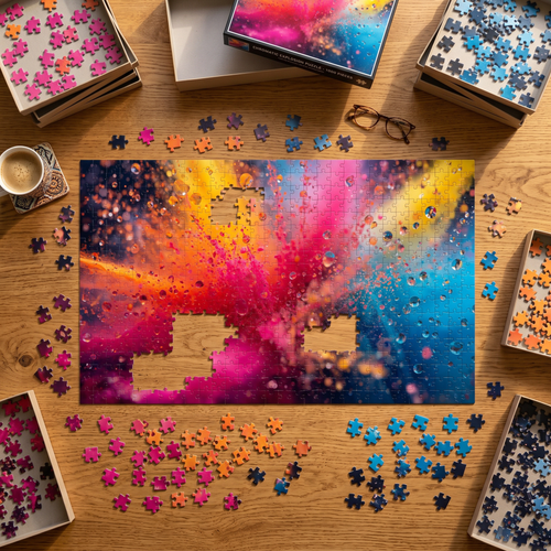 CHROMADRIFT 1000-piece puzzle by Scattercrate — neon powder explosion in orange pink and blue