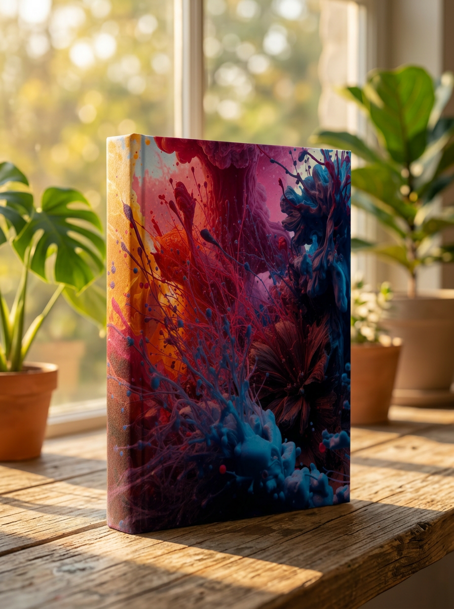 Saffronburst hardcover journal by Scattercrate — a column of saffron ink erupting through magenta and teal