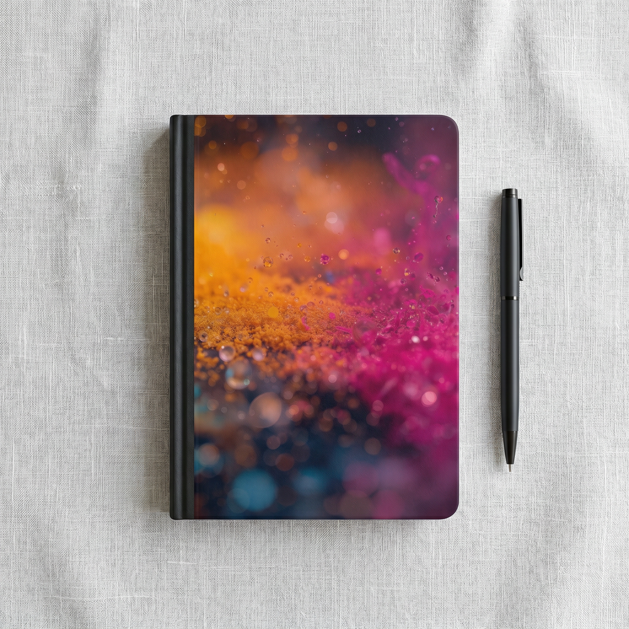 DEWBURST hardcover journal by Scattercrate — teal-to-magenta bokeh explosion