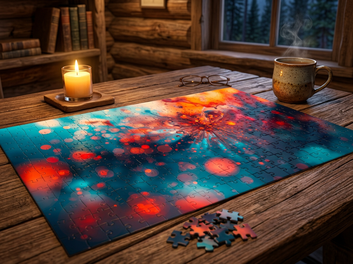Crimsonsprig 500-piece puzzle by Scattercrate — a crimson ink sprig suspended in soft teal bokeh