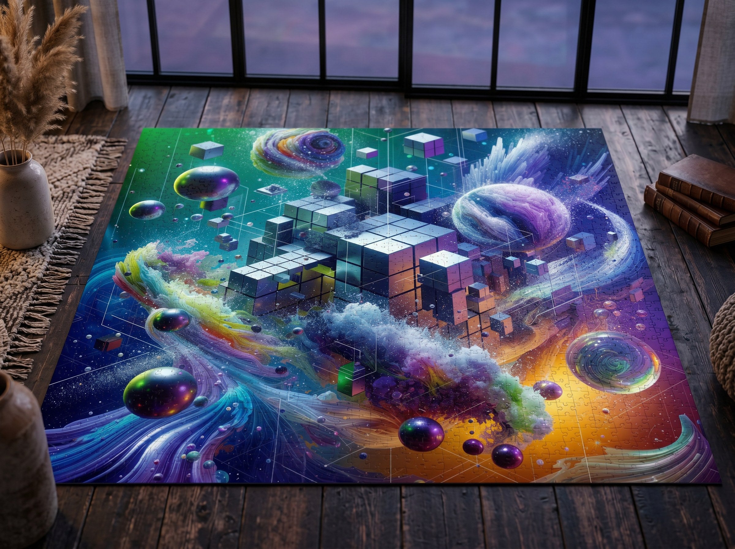 VOXEL chrome geometric cosmos jigsaw puzzle by Scattercrate — mirror cubes suspended in a green-violet nebula