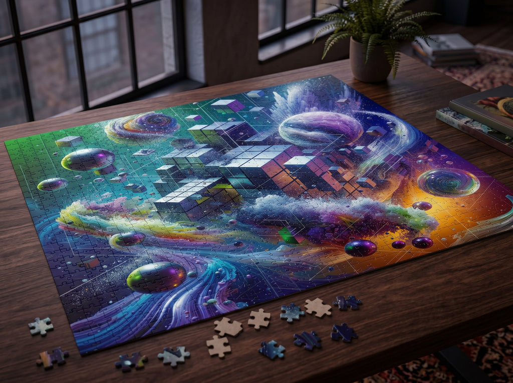 VOXEL chrome geometric cosmos jigsaw puzzle by Scattercrate — mirror cubes suspended in a green-violet nebula