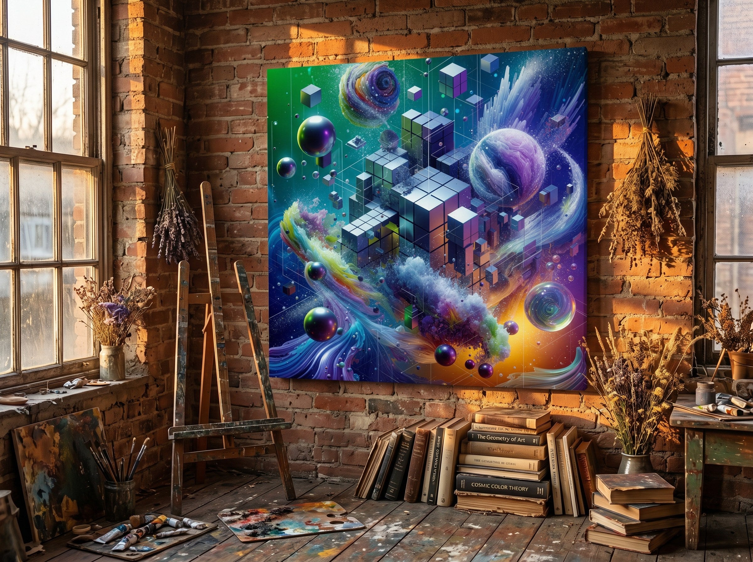VOXEL chrome geometric cosmos canvas print by Scattercrate — mirror cubes suspended in a green-violet nebula