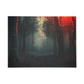 CRIMSONVEIL 500-piece misty crimson forest art puzzle by Scattercrate — deep red moody forest jigsaw gift