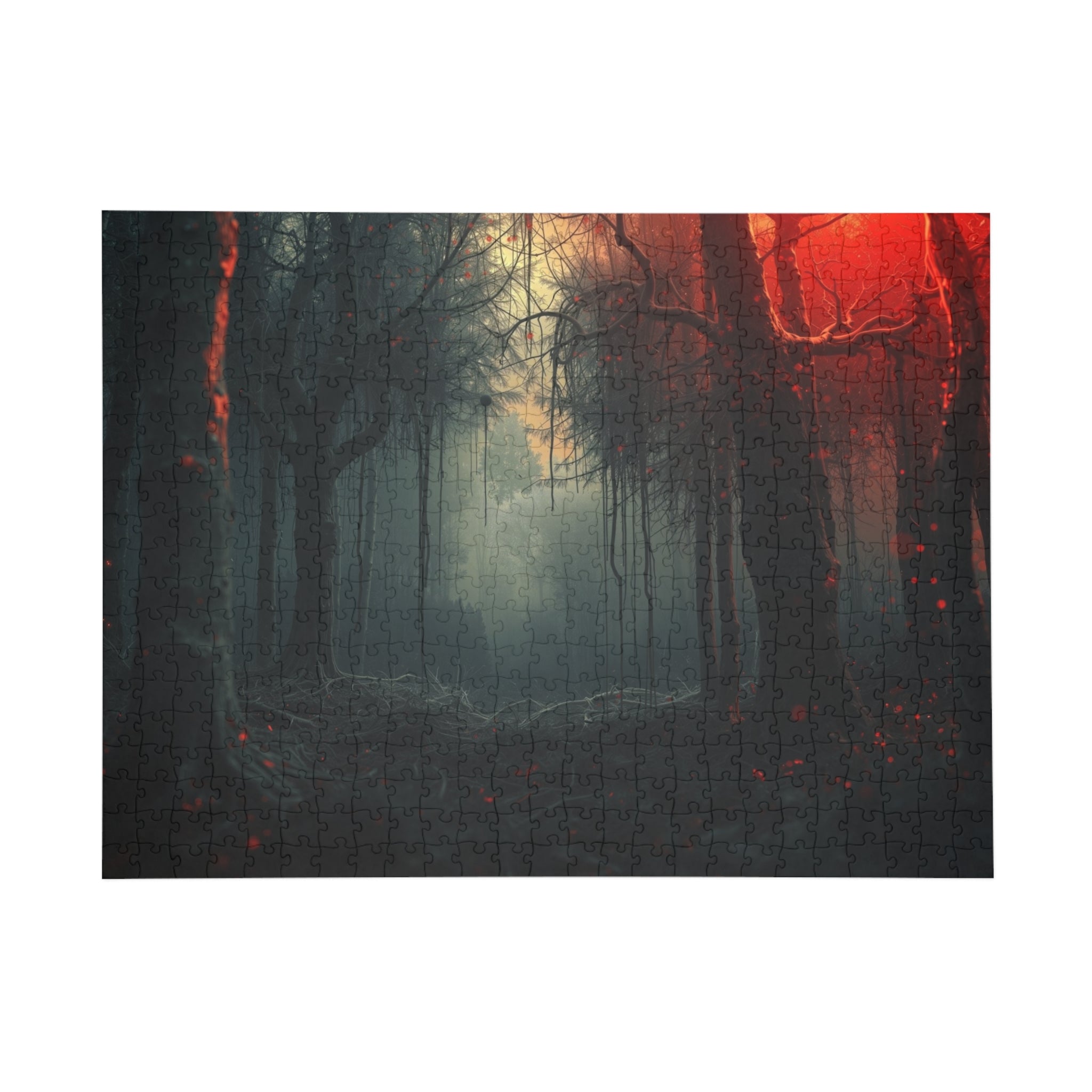 CRIMSONVEIL 500-piece misty crimson forest art puzzle by Scattercrate — deep red moody forest jigsaw gift