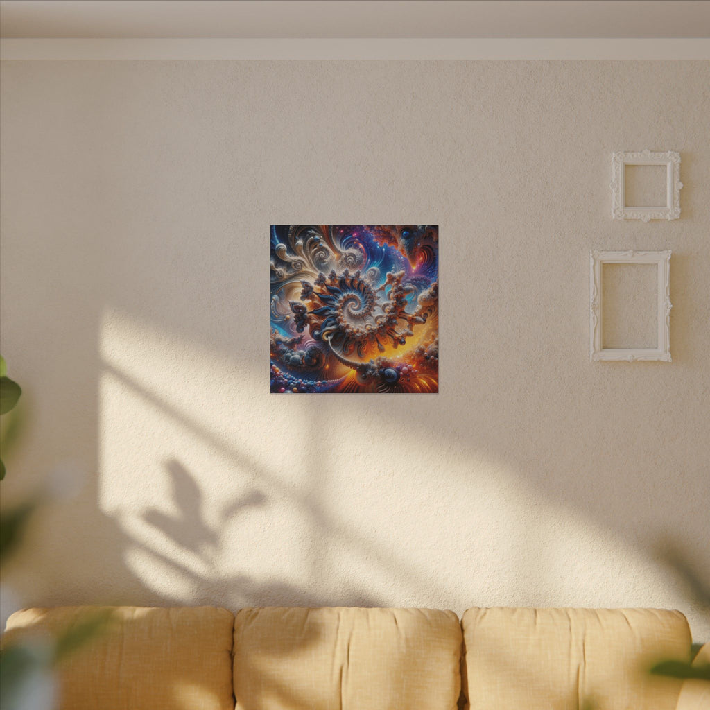 AMMONITE cosmic spiral shell canvas print by Scattercrate — icy blue fractal coil against molten gold