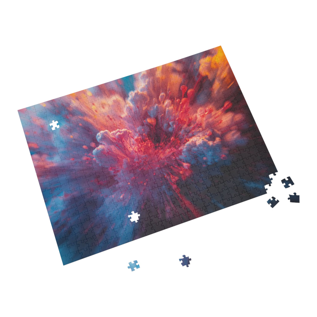 Vortexbloom 500-piece jigsaw puzzle by Scattercrate — red, pink and gold radial motion burst art