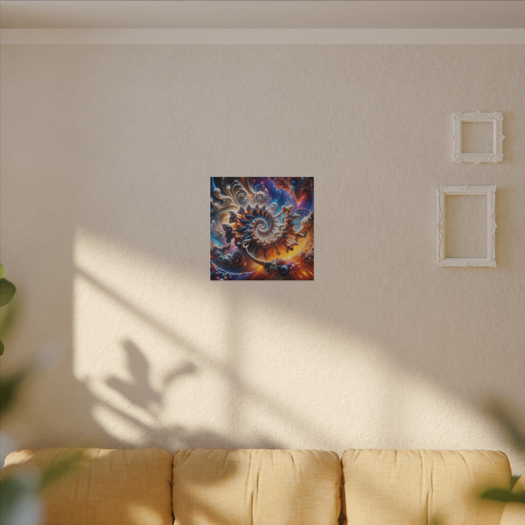 AMMONITE cosmic spiral shell canvas print by Scattercrate — icy blue fractal coil against molten gold