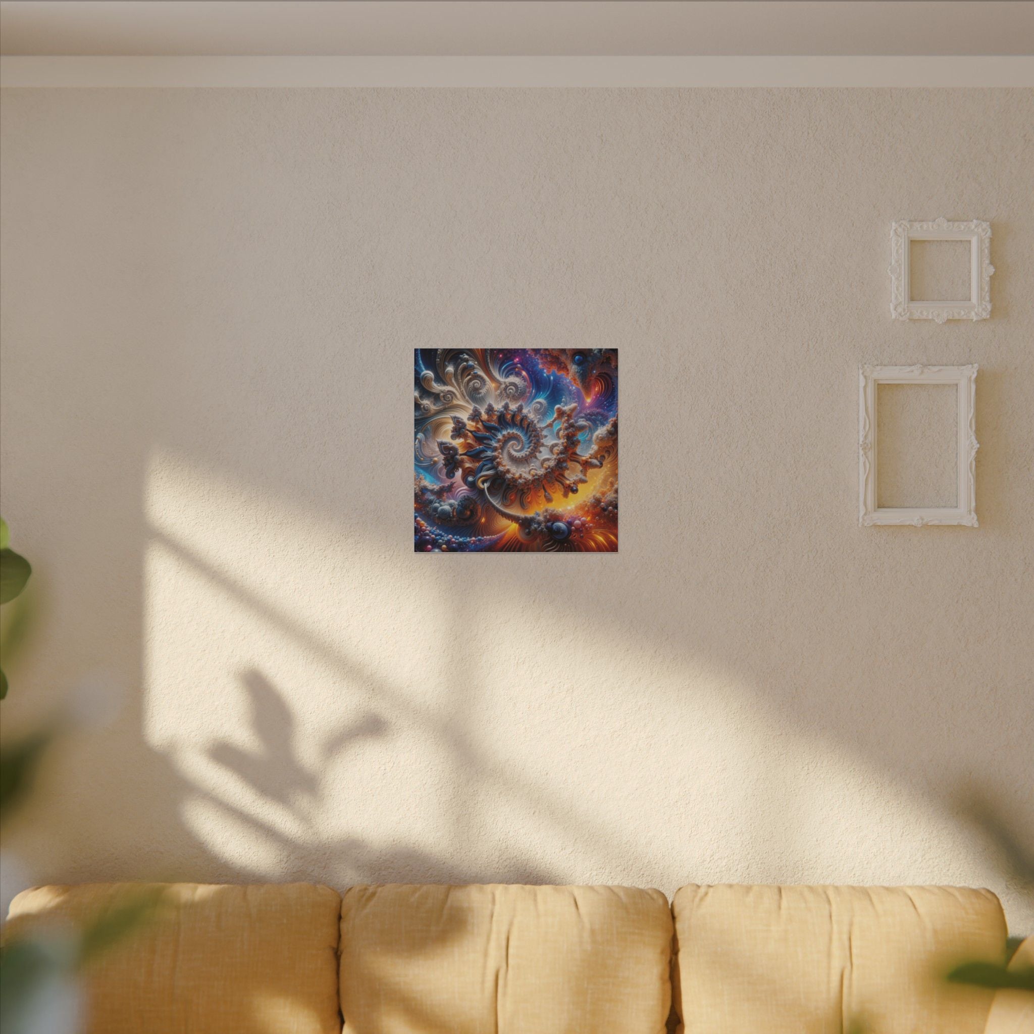 AMMONITE cosmic spiral shell canvas print by Scattercrate — icy blue fractal coil against molten gold