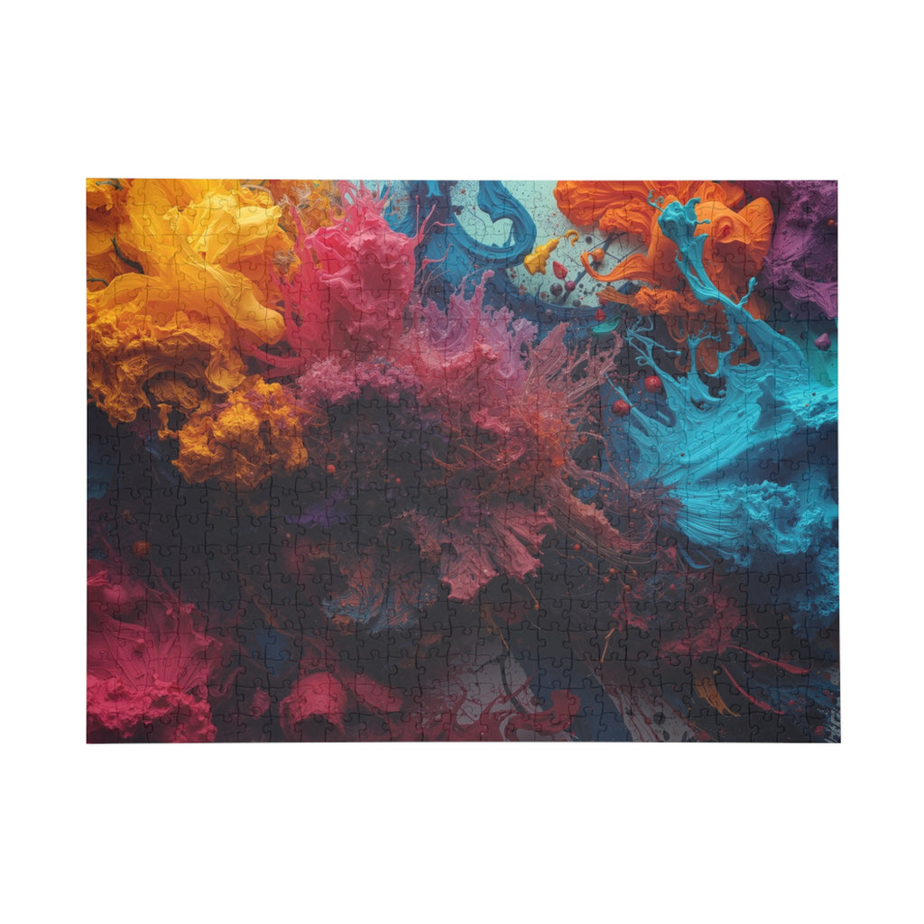 Goldenreef 500-piece jigsaw puzzle by Scattercrate — marigold and coral tones in a glowing reef-inspired abstract