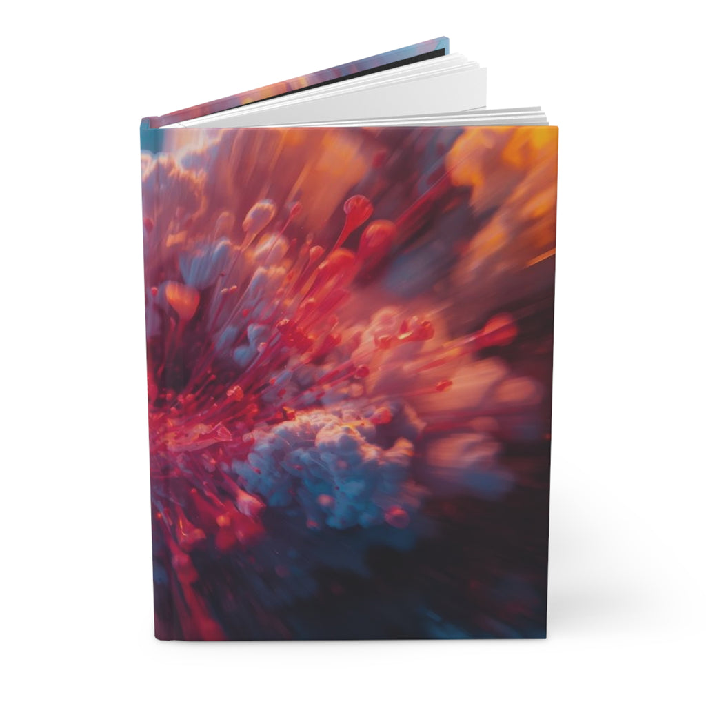 Vortexbloom hardcover journal by Scattercrate — red, pink and gold radial motion burst notebook