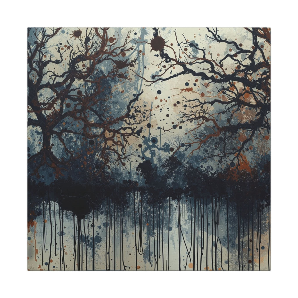 DUSKWOOD bare tree ink forest canvas wall art by Scattercrate — misty winter copper splatters