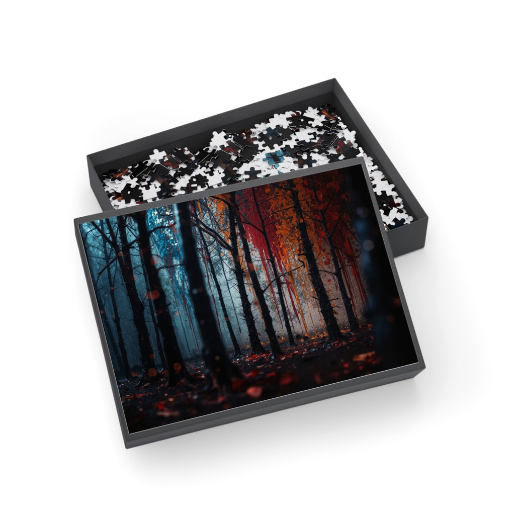 FROSTEMBER 500-piece frost and ember forest art puzzle by Scattercrate — icy-and-fire forest jigsaw gift