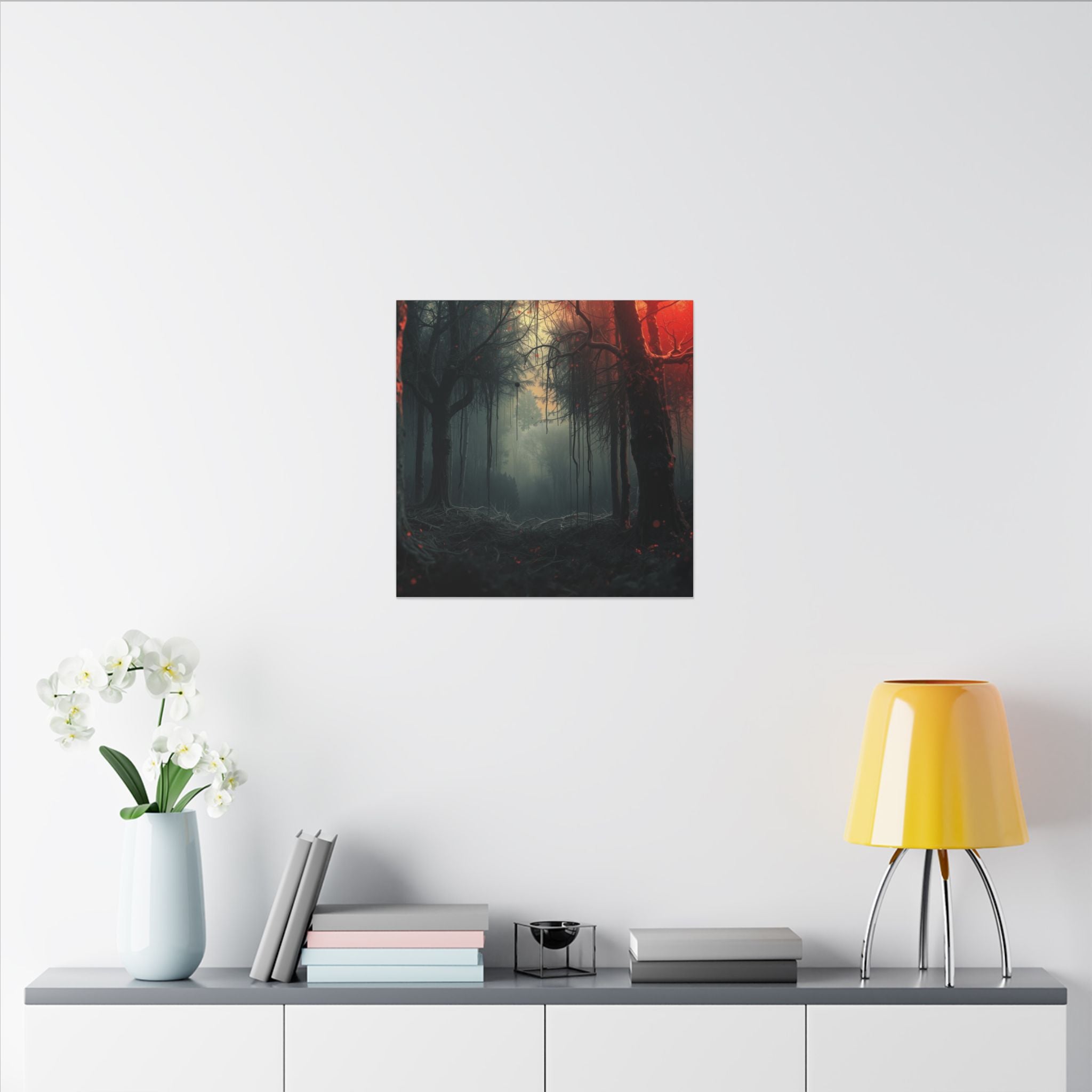 CRIMSONVEIL crimson canopy misty forest framed canvas wall art by Scattercrate — deep red moody decor