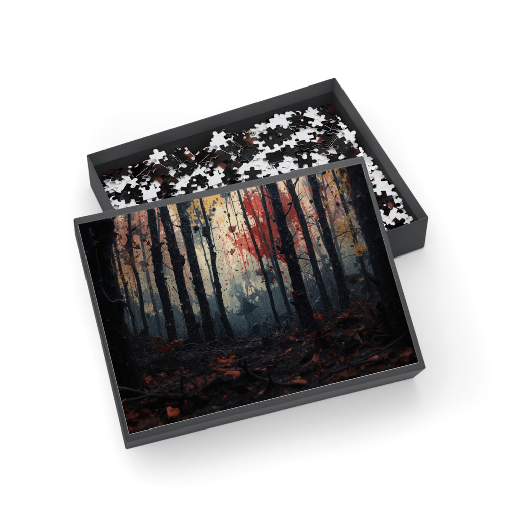HUSHWOOD 500-piece abstract forest art puzzle by Scattercrate — hushed moody forest jigsaw gift