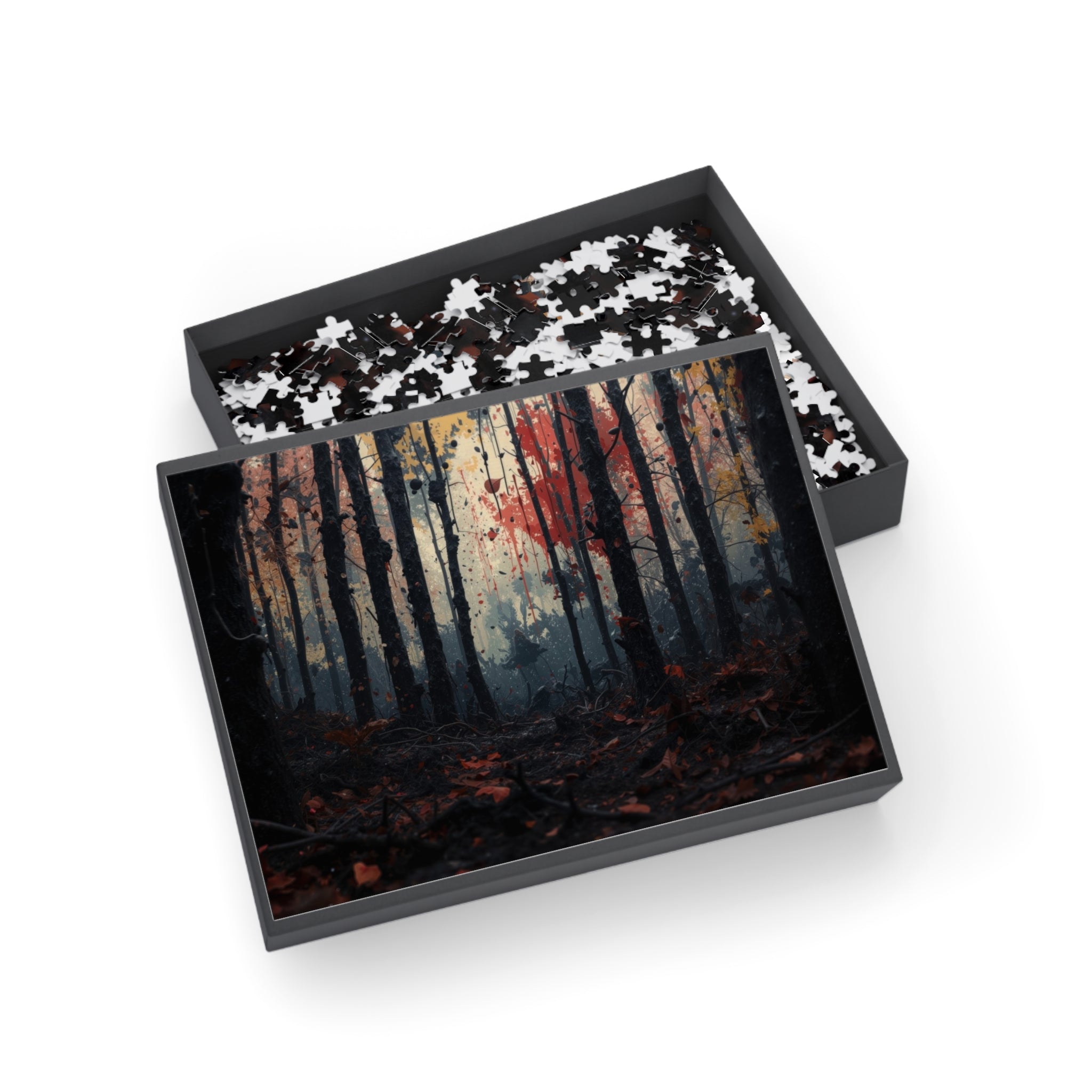 HUSHWOOD 500-piece abstract forest art puzzle by Scattercrate — hushed moody forest jigsaw gift