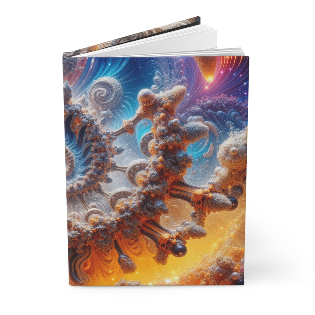 AMMONITE cosmic spiral shell hardcover journal by Scattercrate — icy blue fractal coil against molten gold