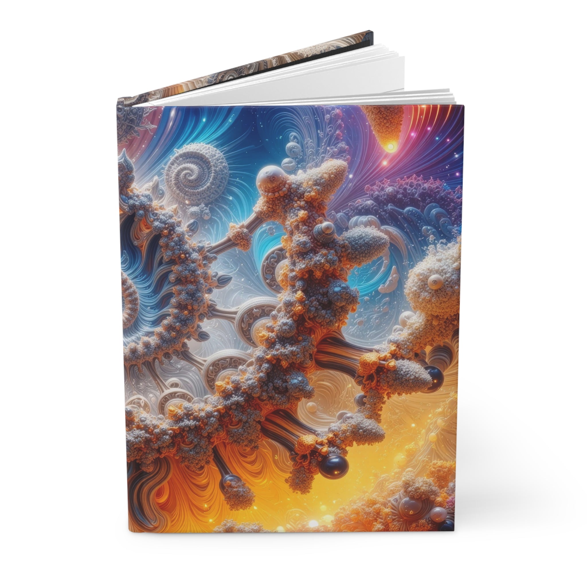AMMONITE cosmic spiral shell hardcover journal by Scattercrate — icy blue fractal coil against molten gold