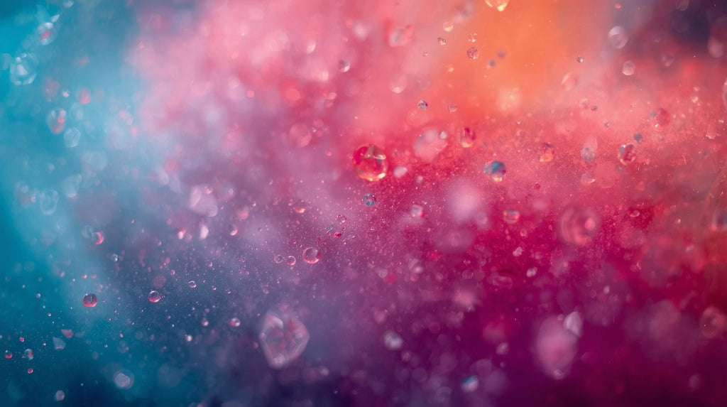 MISTBLOOM abstract powder splatter art by Scattercrate — soft blue pink misty dew particles close-up detail