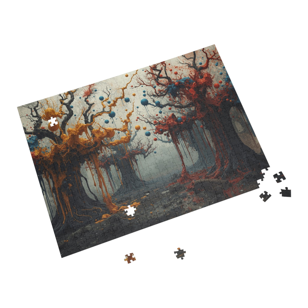 CONJURE surreal paint forest art puzzle by Scattercrate — gnarled trees dripping gold and crimson