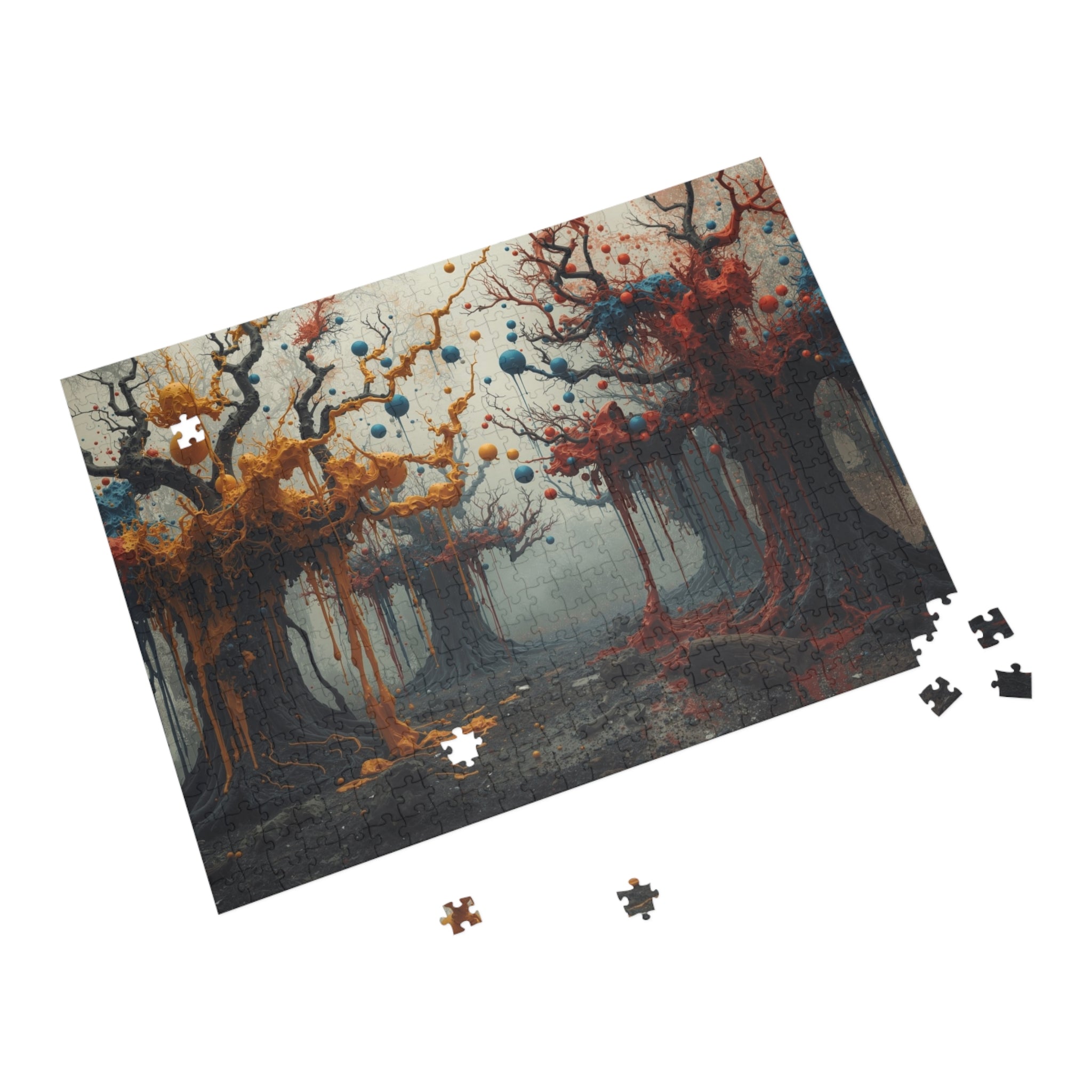 CONJURE surreal paint forest art puzzle by Scattercrate — gnarled trees dripping gold and crimson