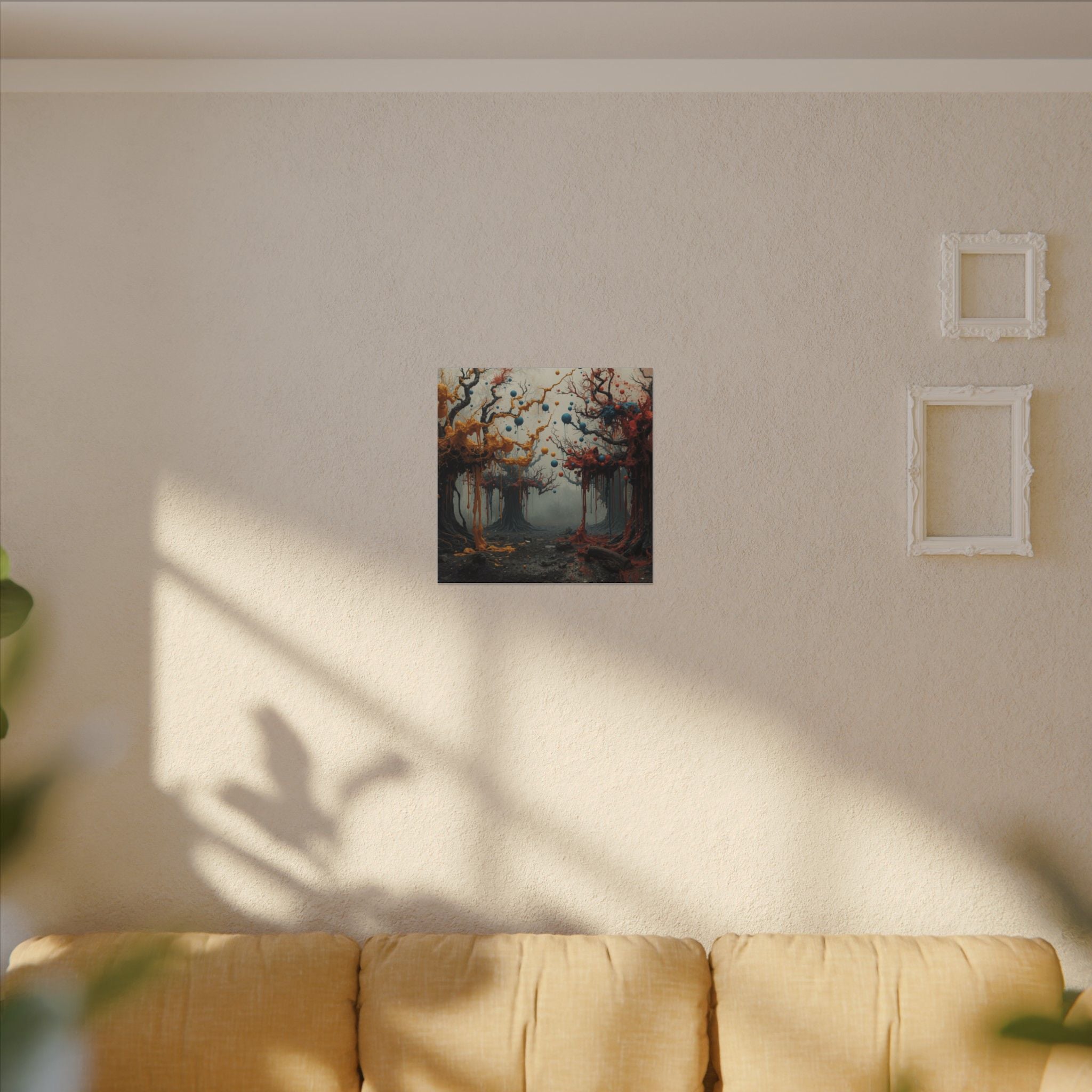 CONJURE surreal paint forest canvas wall art by Scattercrate — gnarled trees dripping gold and crimson