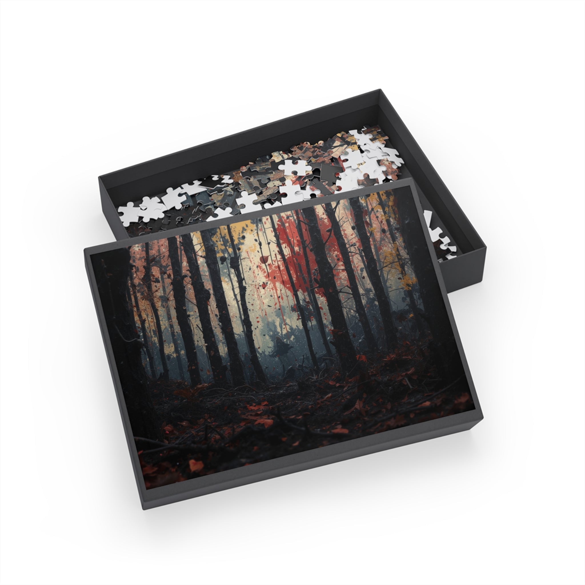 HUSHWOOD 500-piece abstract forest art puzzle by Scattercrate — hushed moody forest jigsaw gift