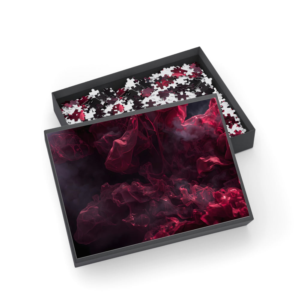 Scarletveil puzzle by Scattercrate — crimson silk folds in cold fog
