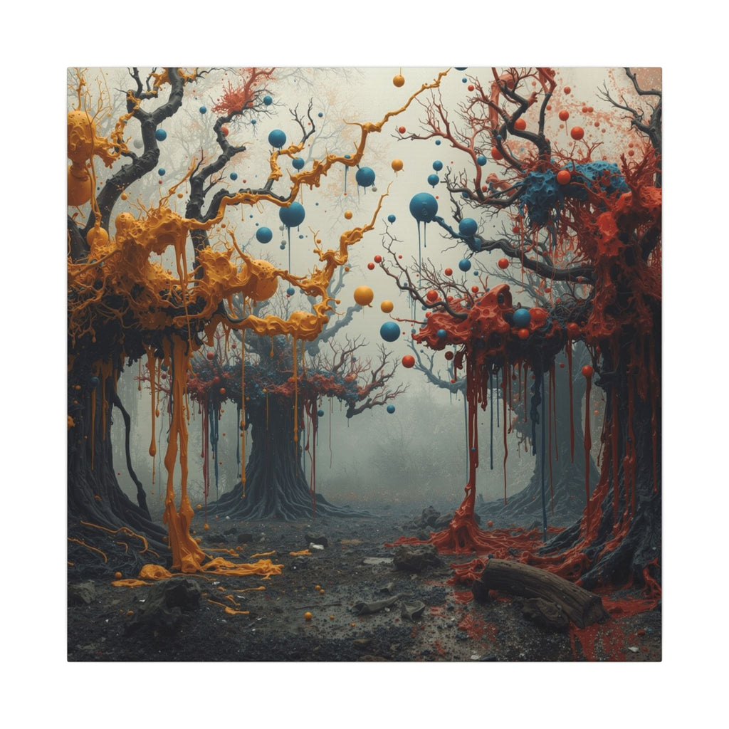 CONJURE surreal paint forest canvas wall art by Scattercrate — gnarled trees dripping gold and crimson