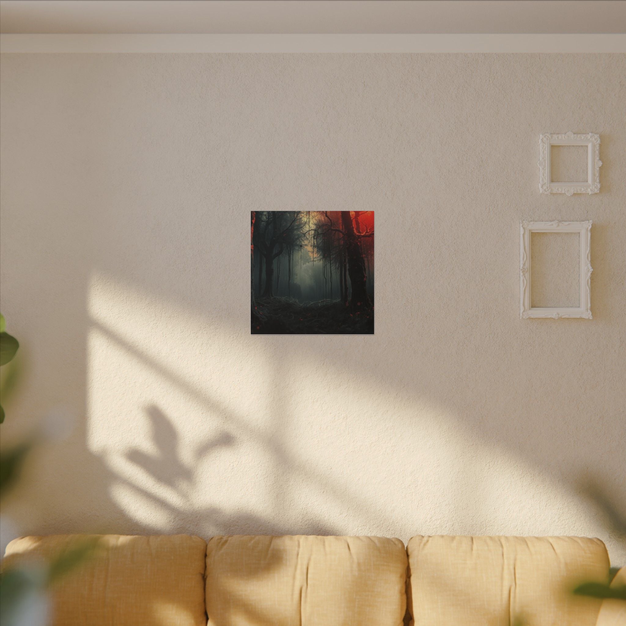 CRIMSONVEIL crimson canopy misty forest framed canvas wall art by Scattercrate — deep red moody decor