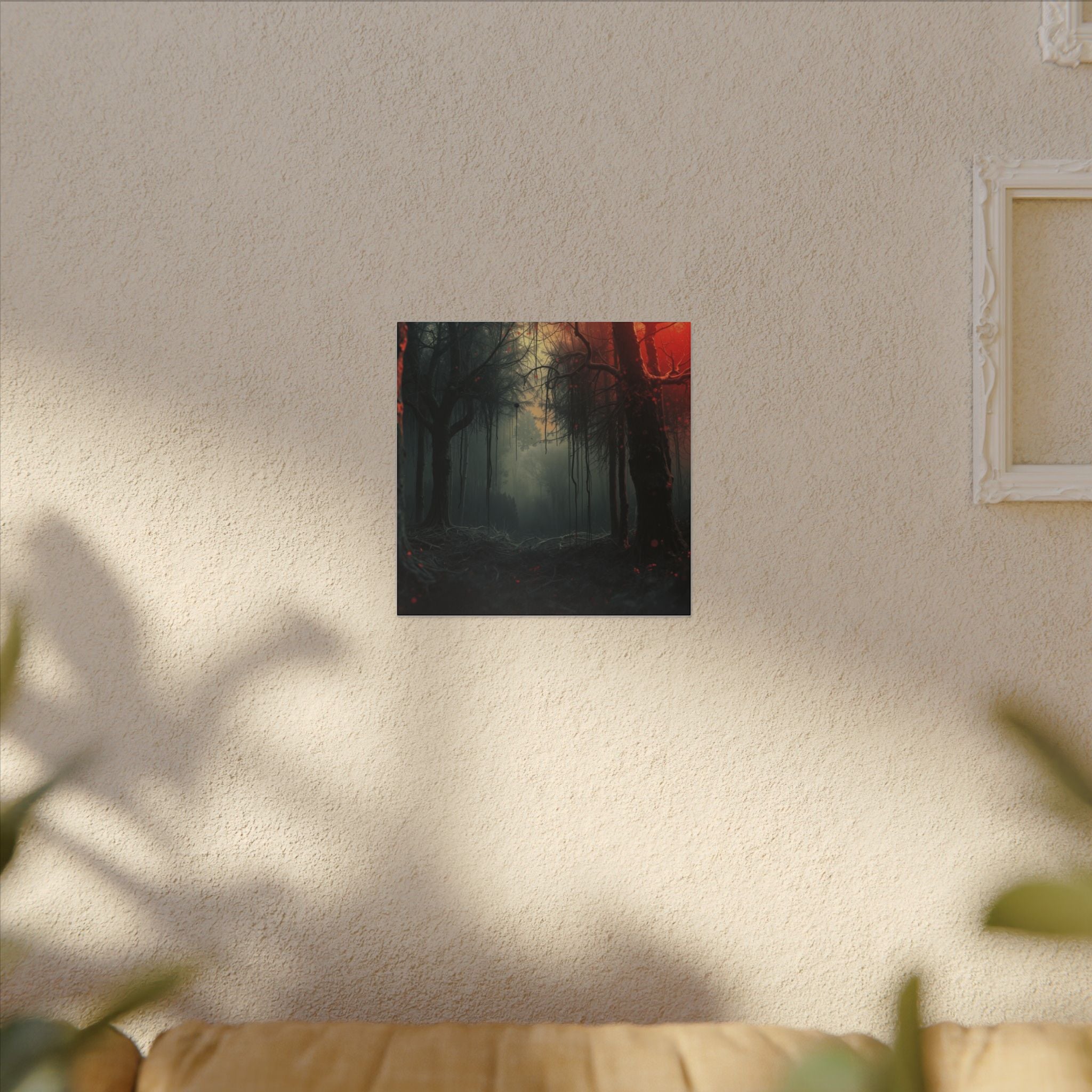 CRIMSONVEIL crimson canopy misty forest framed canvas wall art by Scattercrate — deep red moody decor