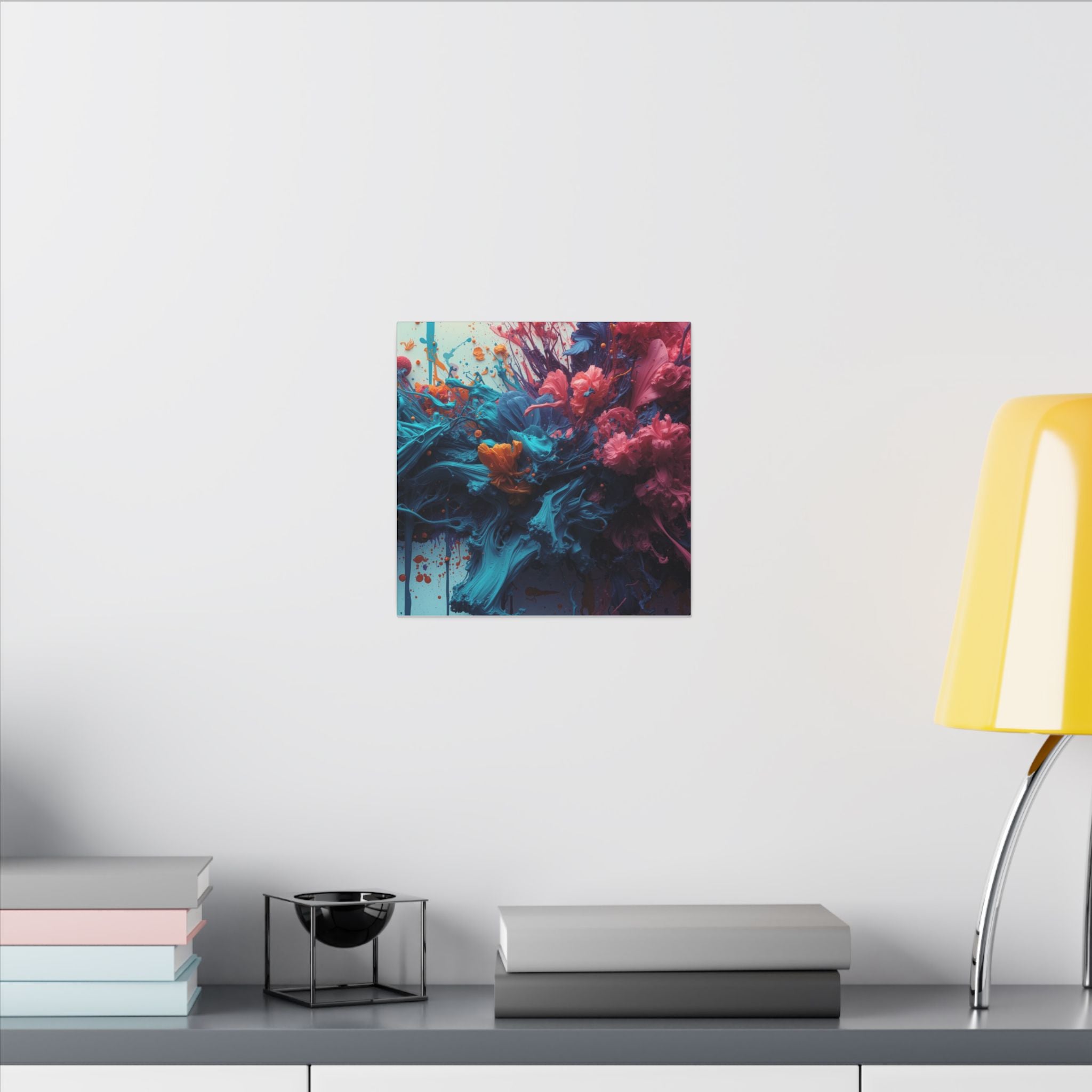 Marigoldtide canvas print by Scattercrate — turquoise ink tide with real marigold and dahlia blooms