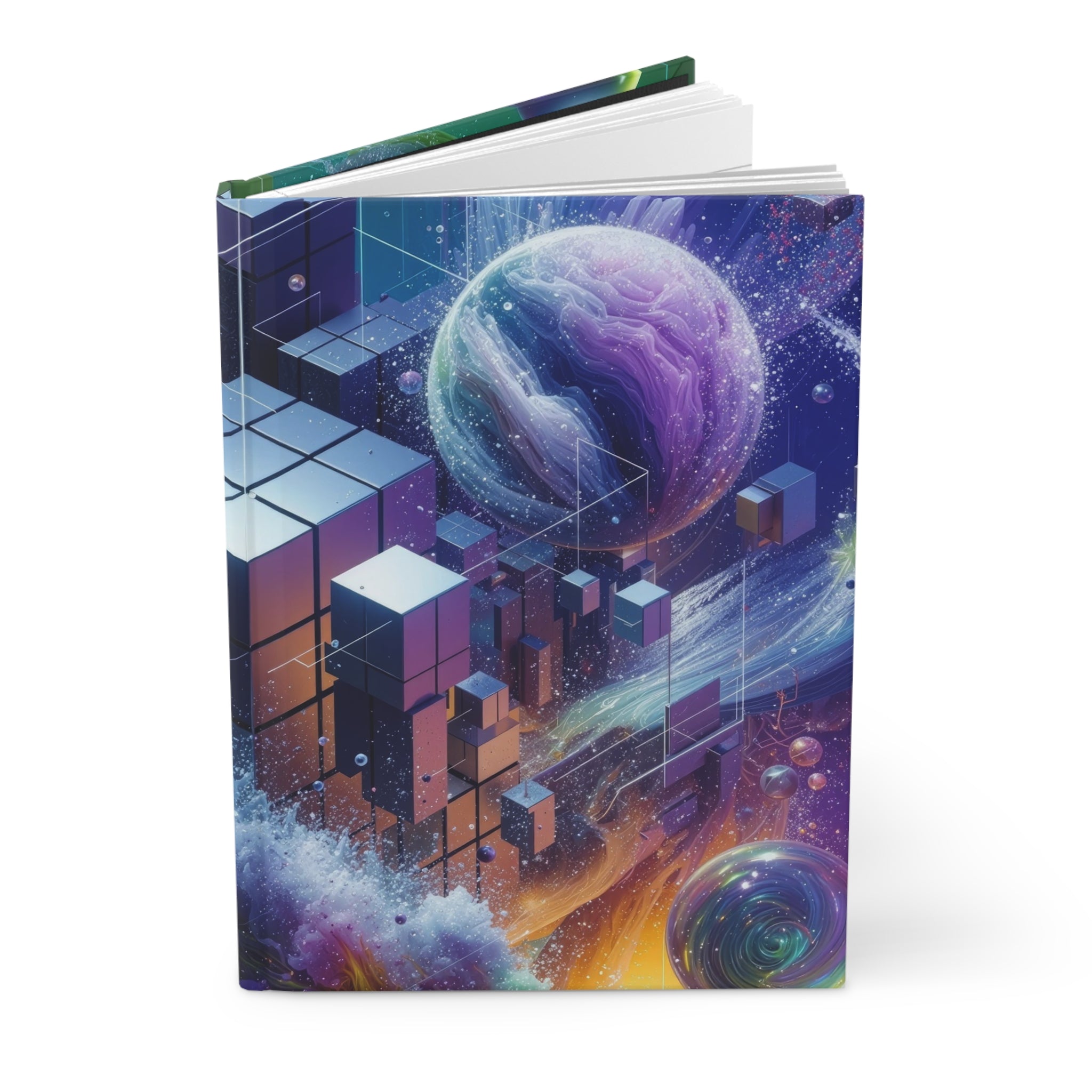 VOXEL chrome geometric cosmos hardcover journal by Scattercrate — mirror cubes suspended in a green-violet nebula