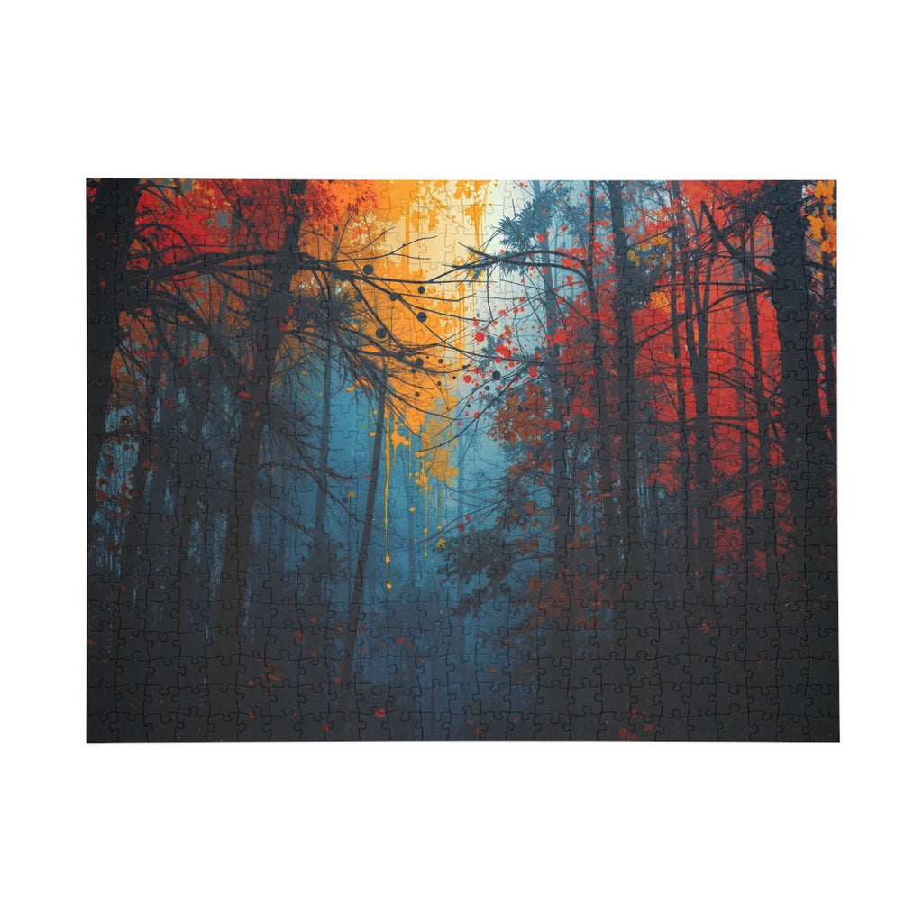 SCORCHGROVE fire dusk forest art puzzle by Scattercrate — cinematic crimson canopy gold light