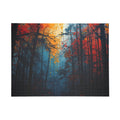 SCORCHGROVE fire dusk forest art puzzle by Scattercrate — cinematic crimson canopy gold light