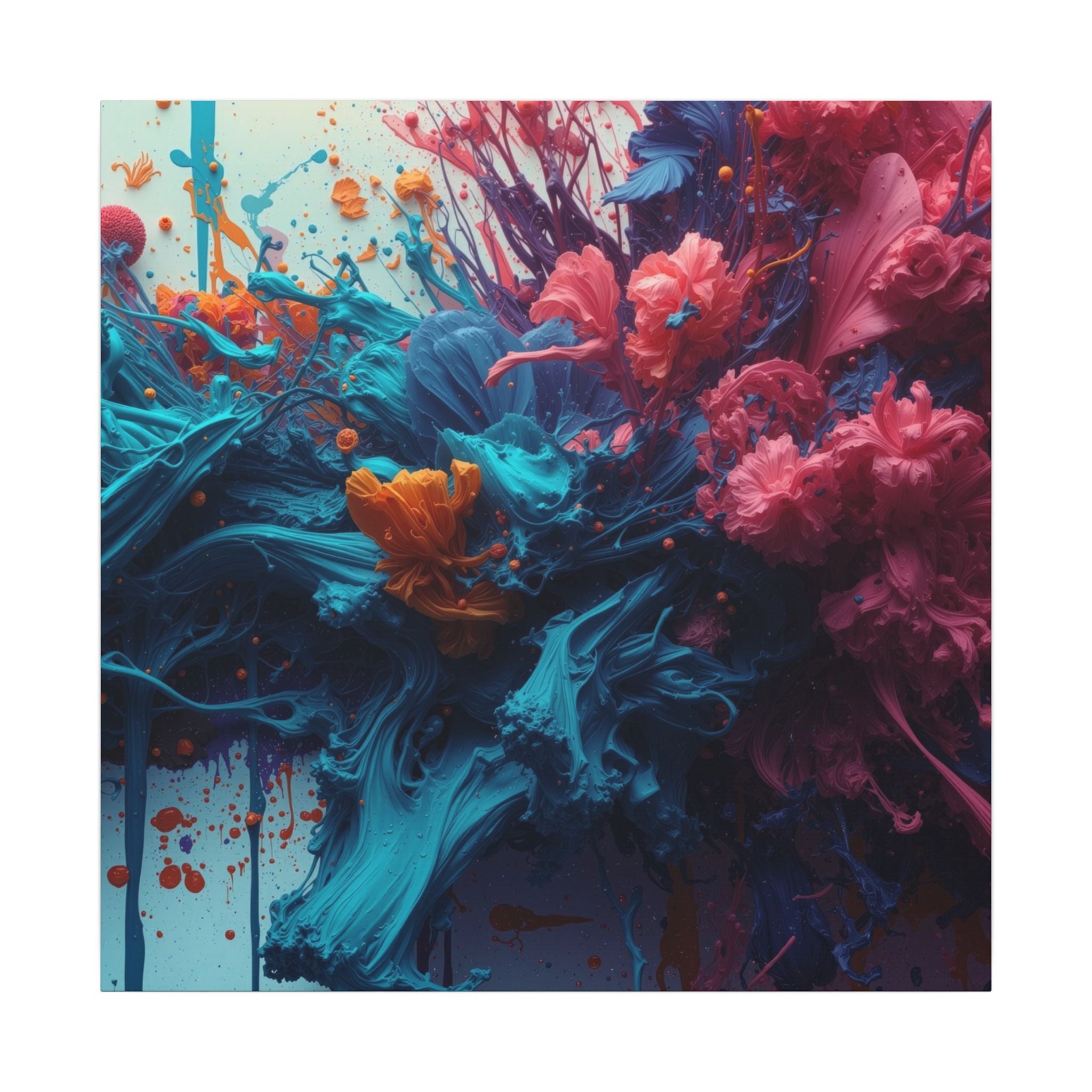 Marigoldtide canvas print by Scattercrate — turquoise ink tide with real marigold and dahlia blooms