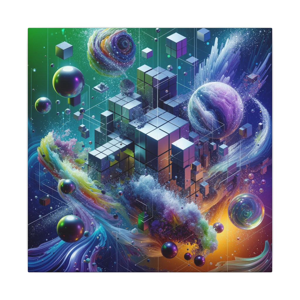 VOXEL chrome geometric cosmos canvas print by Scattercrate — mirror cubes suspended in a green-violet nebula
