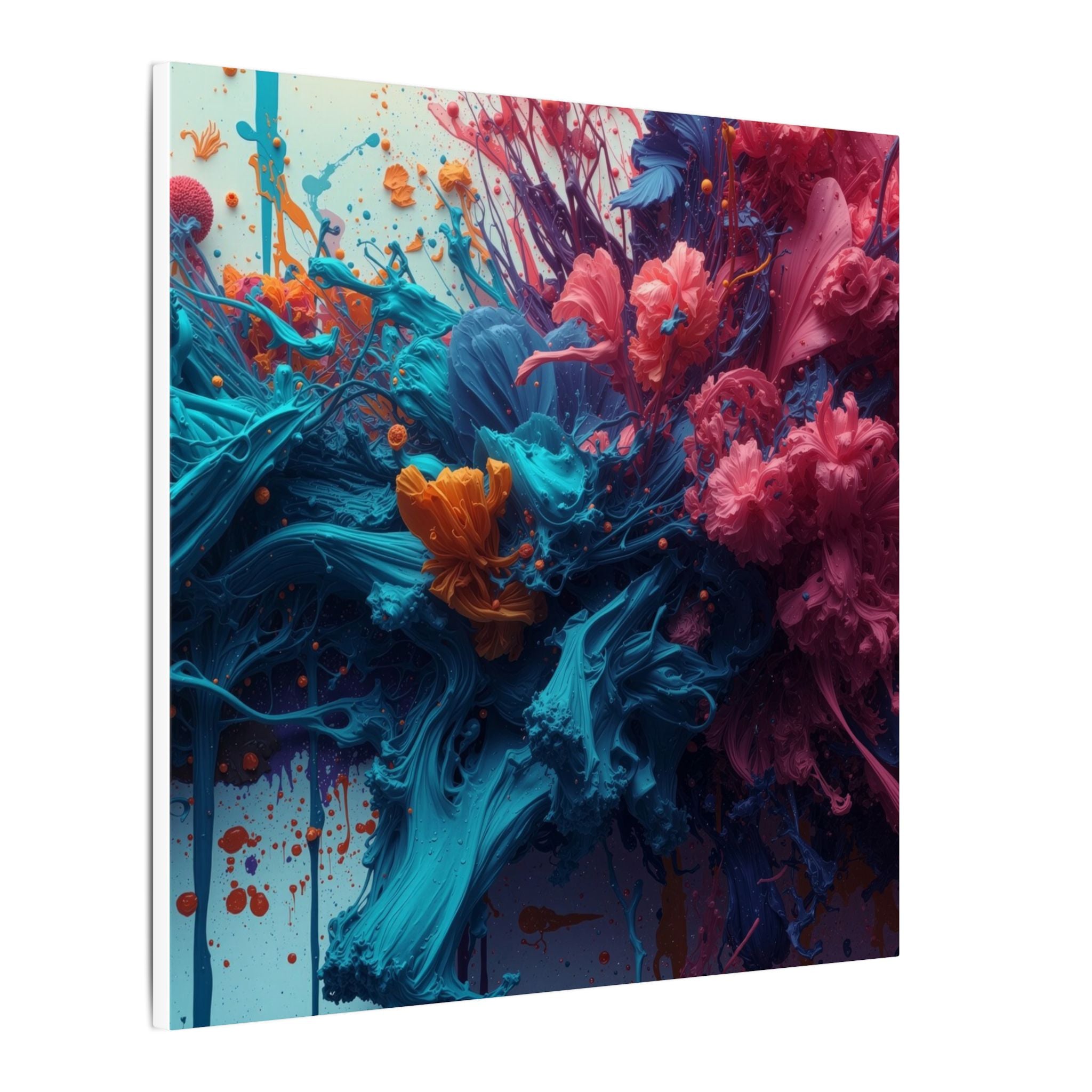 Marigoldtide canvas print by Scattercrate — turquoise ink tide with real marigold and dahlia blooms