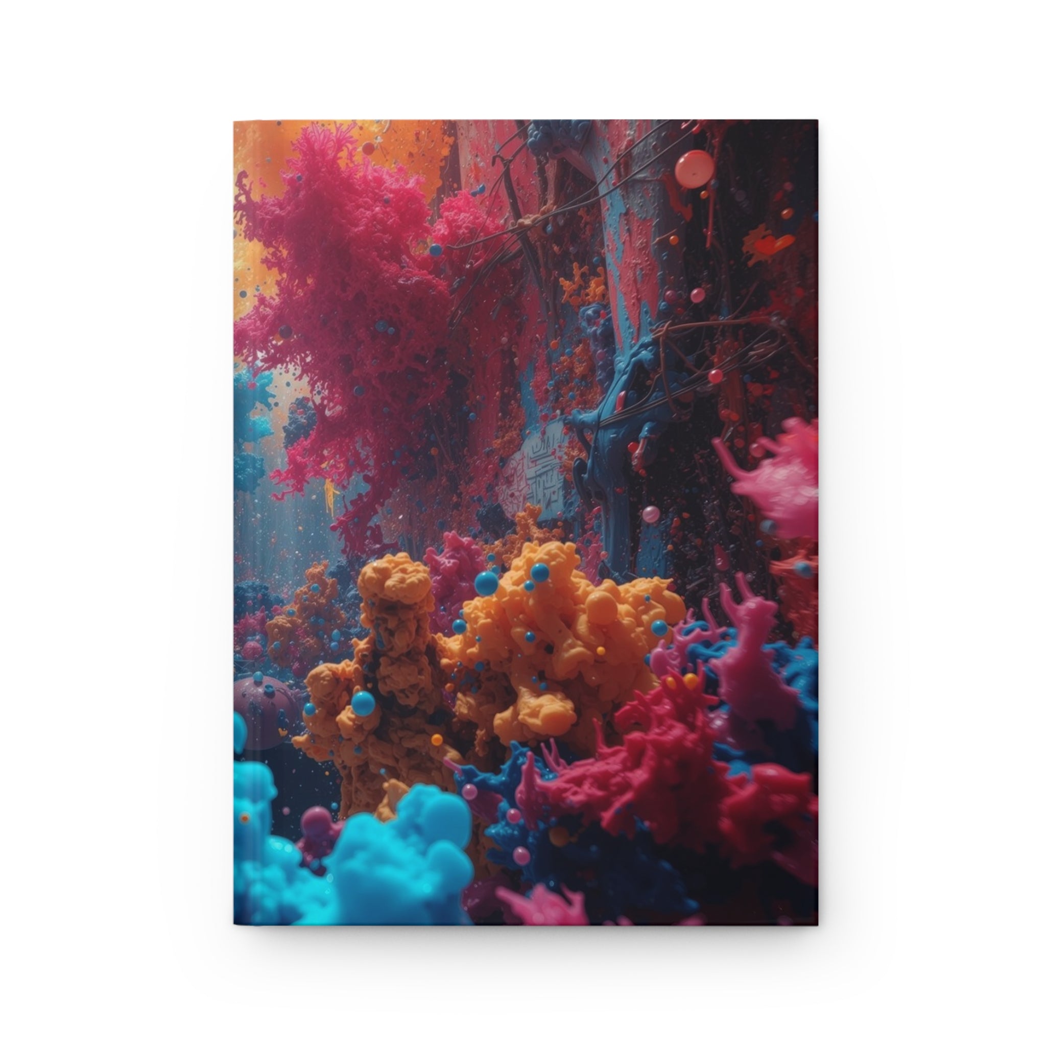 Alleybloom hardcover journal by Scattercrate — graffiti coral ink blooms on a tagged alley wall